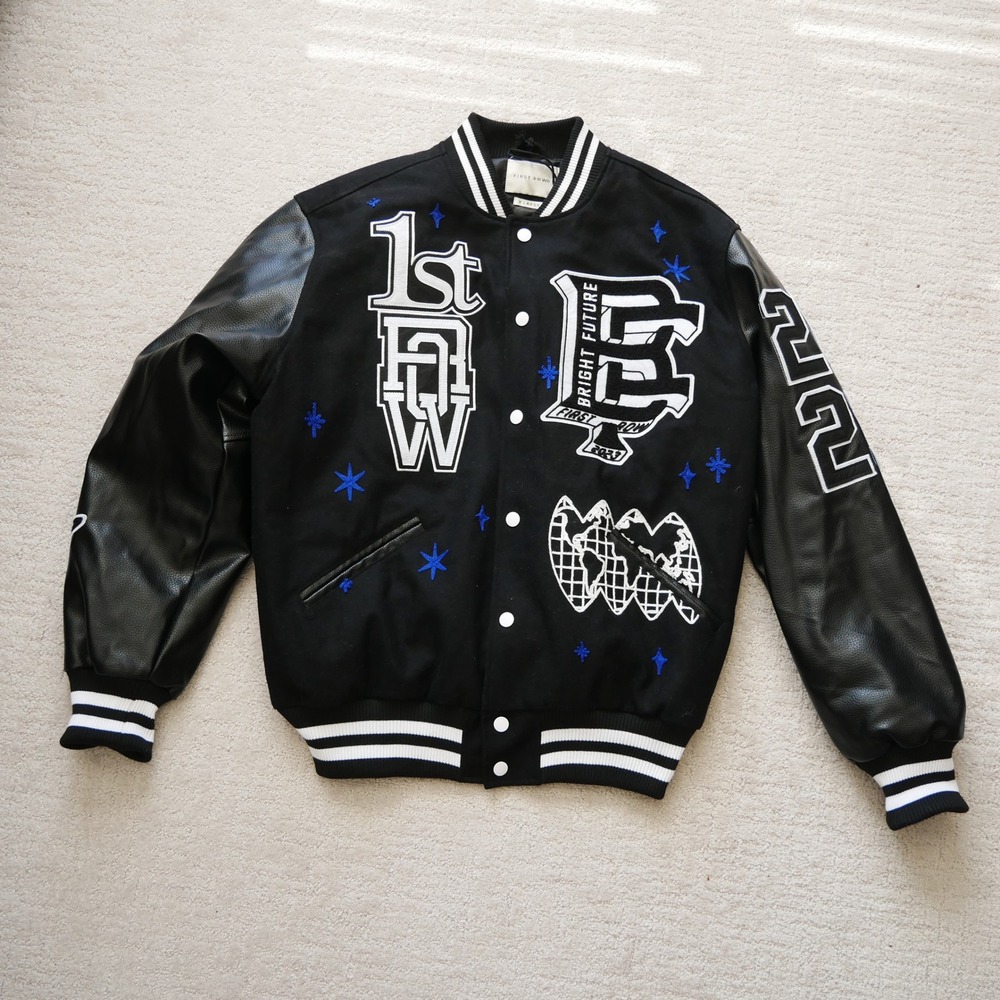 First Row Mens Black Varsity Jacket Faux Leather Sleeves 2023 Patch XL